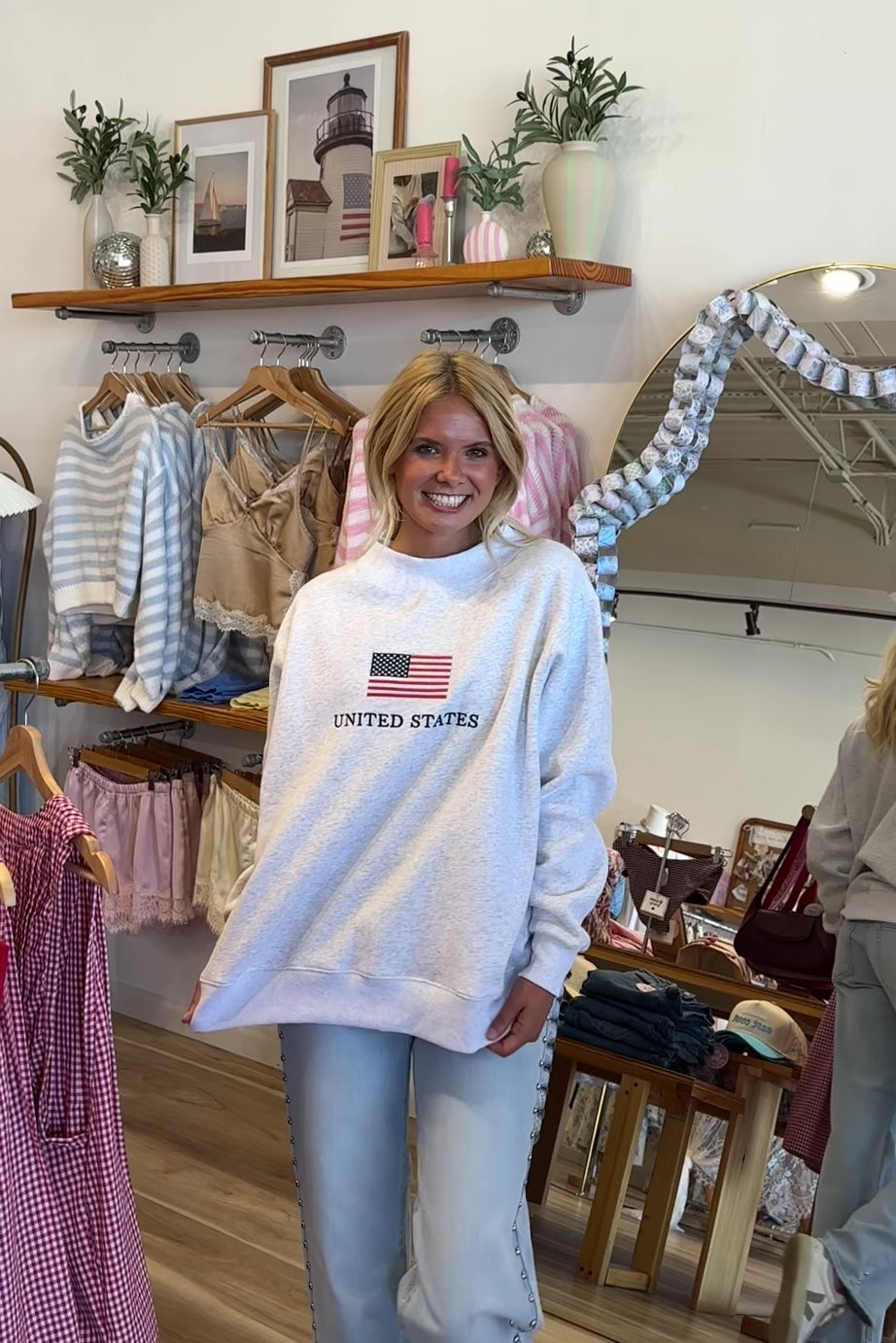 Gray, "United States" American flag embroidered sweatshirt with mock neckline and oversized fit. By Sunkissed Coconut | USA sweatshirt, America mock neck, July 4th outfit, Fourth of July outfit, embroidered mock neck, oversized mockneck sweatshirt