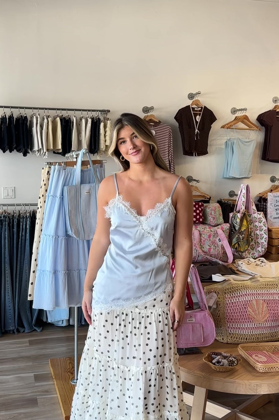Blue, satin cami top with lace trim, asymmetrical hem, adjustable straps, and side zipper
757 Boutique, Online Shopping for Women, summer aesthetic, brunch outfit, vacation style, vacation outfits, beach boutique, beach fashion, beach outfits, women’s boutique clothing, boutique clothing for women, coastal cowgirl outfits, coastal aesthetic clothing, business casual, concert outfit, 2000s fashion