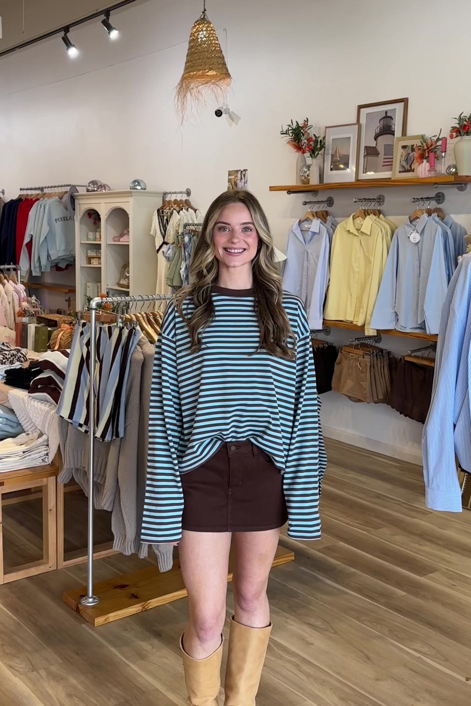 Blue and brown, striped top with long sleeves, drop shoulder, and oversized fit