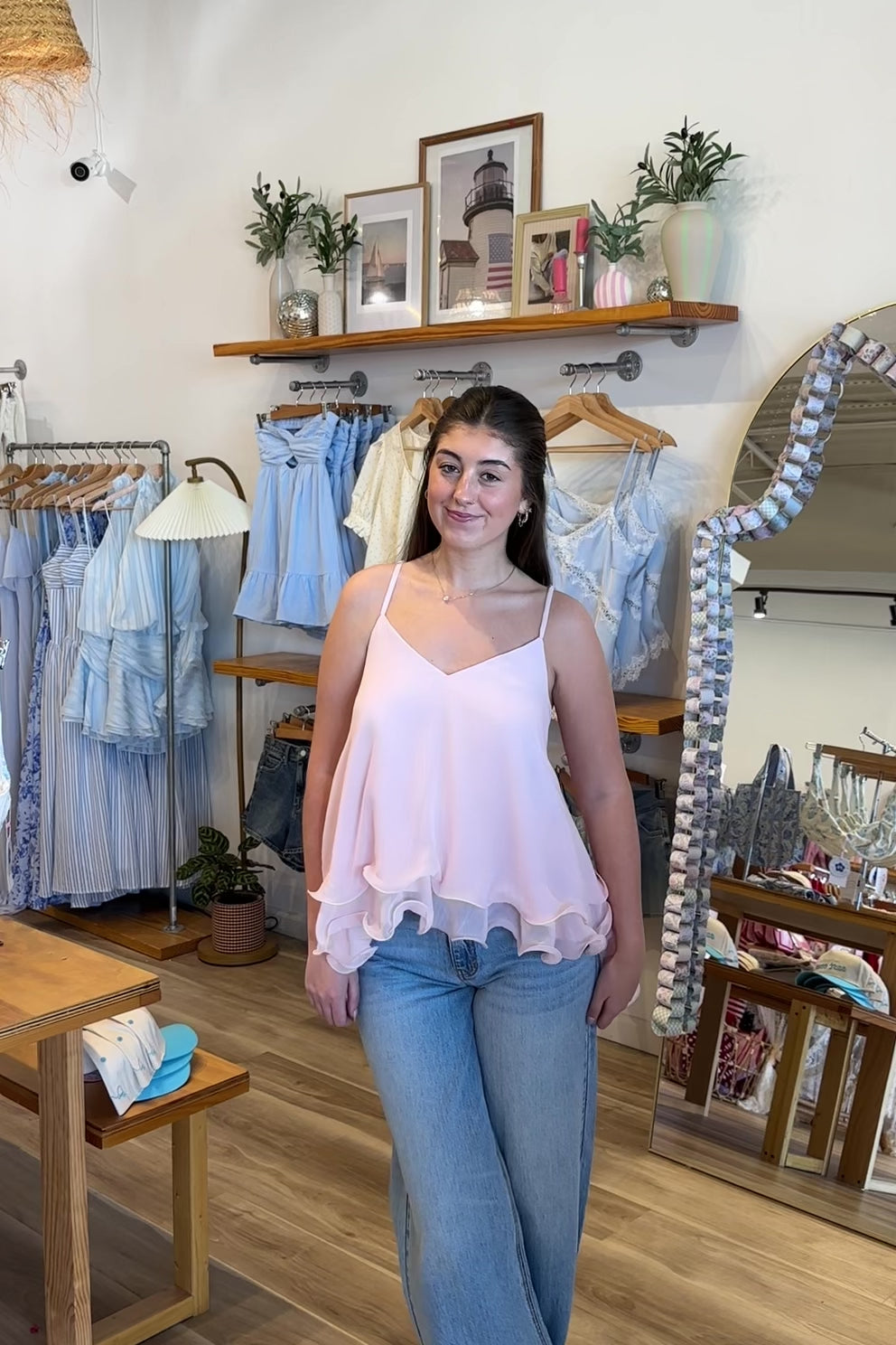 Pink, swing cami top with V neckline, asymmetric hem, ruffled chiffon layers, back tie, and adjustable straps
Pixelated Boutique, Women's Clothing, Virginia Beach Clothing Stores, Clothing Stores in Virginia Beach, Virginia Beach Boutique, 757 Boutique, Online Shopping for Women, summer aesthetic, brunch outfit, vacation style, vacation outfits, beach boutique, beach fashion, beach outfits