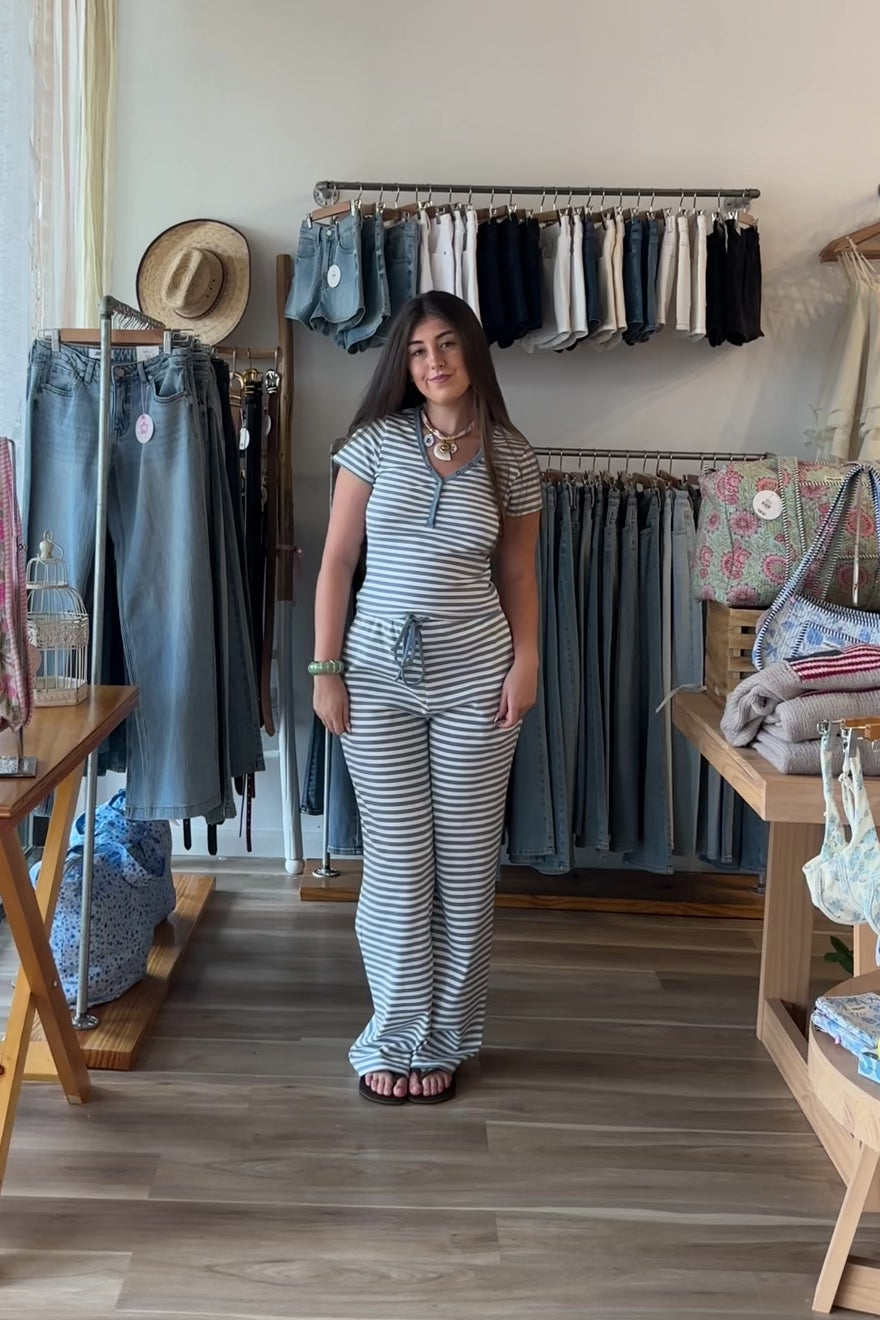 Blue, striped pants with drawstring waist and side pockets, coastal striped matching set, striped lounge set, matching set for summer, co-ord lounge set, cozy summer outfit, beach fashion, summer 2026 fashion trends, trendy matching set