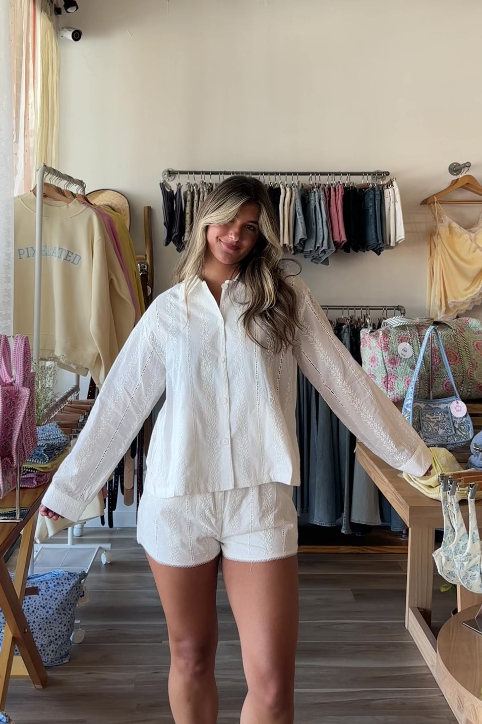 White, eyelet lace broderie shirt with button down, collar, and drop shoulder | Pixelated Boutique, Eyelet lace matching set, white lace top, eyelet lace, button up shirt, women's button down shirt, vacation style, vacation outfit