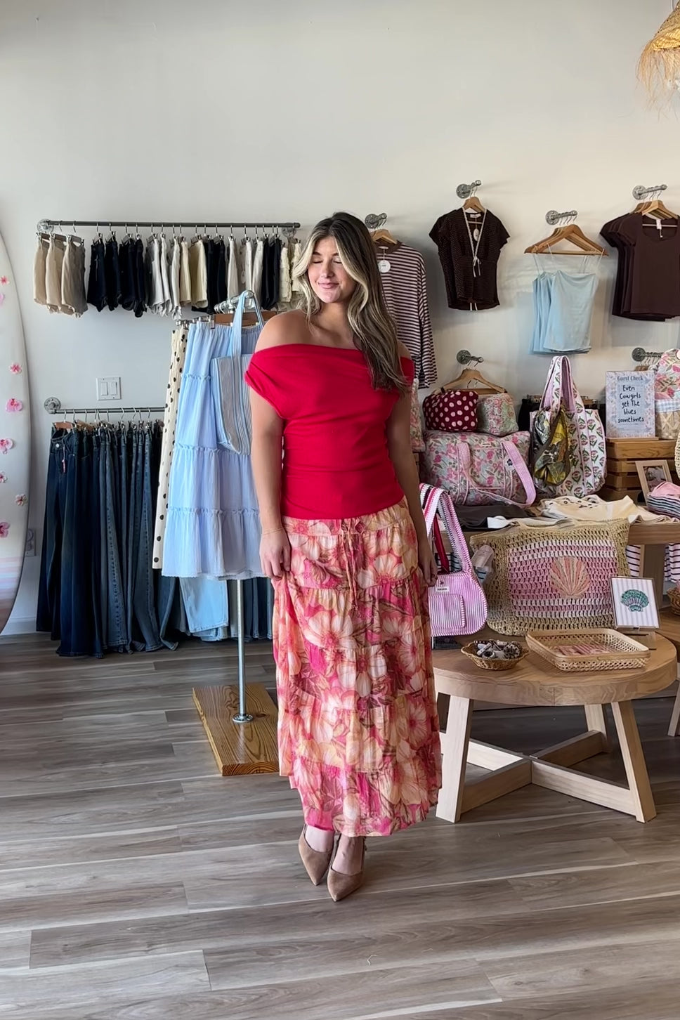 Orange, floral maxi skirt with sheer fabric, ruffled tiers, and drawstring waist
Pixelated Boutique, Women's Clothing, Virginia Beach Clothing Stores, Clothing Stores in Virginia Beach, Virginia Beach Boutique, 757 Boutique, Online Shopping for Women, summer aesthetic, brunch outfit, vacation style, vacation outfits, beach boutique, beach fashion, beach outfits, women’s boutique clothing, boutique clothing for women, coastal cowgirl outfits, coastal aesthetic clothing
