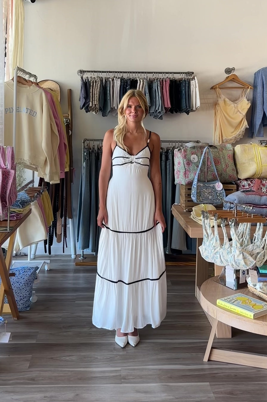 White, contrast trim maxi dress with sweetheart neckline, front keyhole, beaded straps, tiered hem, and back tie | Pixelated Boutique, Virginia Beach Boutique, white maxi dress, white lace dress, boho maxi dress, bridal shower dress, bachelorette dress, graduation dress