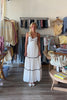 White, contrast trim maxi dress with sweetheart neckline, front keyhole, beaded straps, tiered hem, and back tie | Pixelated Boutique, Virginia Beach Boutique, white maxi dress, white lace dress, boho maxi dress, bridal shower dress, bachelorette dress, graduation dress