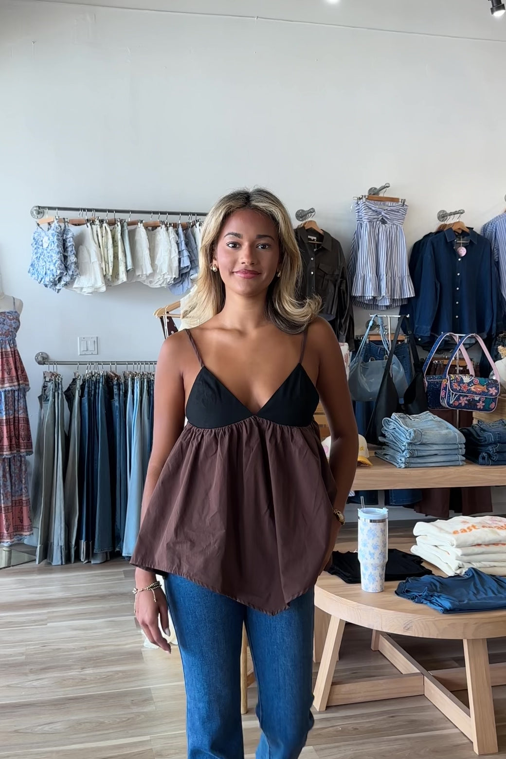 Pixelated Boutique, Women's Clothing, Women's Jewelry and Gifts, Online Shopping for Women, Latest Fashion Trends 2025, Virginia Beach Clothing Stores, Clothing Stores in Virginia Beach, Aesthetic Fashion Trends, East Coast Fashion Styles, Sustainable Women's Clothing, Unique Gift Ideas for Women, Fall Fashion, Fall Outfit Ideas, Fall Fashion Inspiration, Womens Style, Outfit Inspo, Rush Dresses, Back to School Styles, Fall Top, Brown and Black Top, Neutral Tank