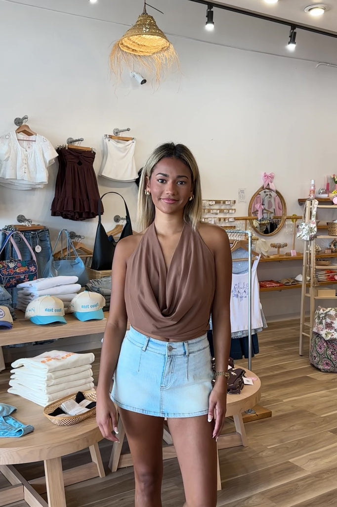 Brown Halter Top, Pixelated Boutique, Women's Clothing, Women's Jewelry and Gifts, Online Shopping for Women, Latest Fashion Trends 2025, Virginia Beach Clothing Stores, Clothing Stores in Virginia Beach, Aesthetic Fashion Trends, East Coast Fashion Styles, Sustainable Women's Clothing, Unique Gift Ideas for Women, Fall Fashion, Fall Outfit Ideas, Fall Fashion Inspiration, Womens Style, Outfit Inspo, Back to School Outfit