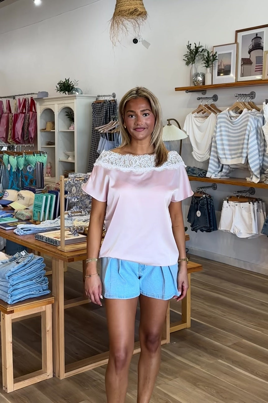Pink, satin blouse with boat neckline, lace trim, boxy fit, and short dolman sleeves, Pixelated Boutique, Women's Clothing, Virginia Beach Clothing Stores, Clothing Stores in Virginia Beach, Virginia Beach Boutique, 757 Boutique
