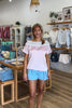 Pink, satin blouse with boat neckline, lace trim, boxy fit, and short dolman sleeves, Pixelated Boutique, Women's Clothing, Virginia Beach Clothing Stores, Clothing Stores in Virginia Beach, Virginia Beach Boutique, 757 Boutique